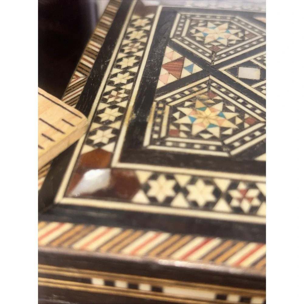 vintage handcrafted wooden trinket box mosaic inlay mother-of-pearl accents